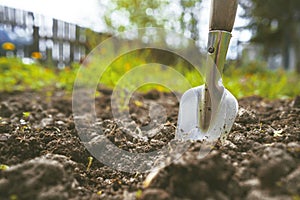 Scapula on the background of fertile soil. Place for the text. The concept of agriculture. Metal garden tools