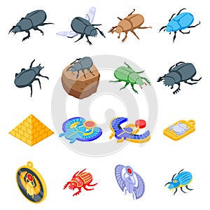 Scarab beetle icons set, isometric style