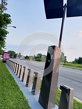 Scarborough, Ontario, Canada - July 25 , 2023 : New bike share station on Brimley Rd / McCowan District Park, Scarborough, Ontario