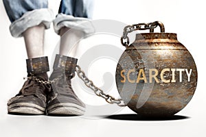 Scarcity can be a big weight and a burden with negative influence - Scarcity role and impact symbolized by a heavy prisoner`s