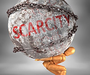 Scarcity and hardship in life - pictured by word Scarcity as a heavy weight on shoulders to symbolize Scarcity as a burden, 3d