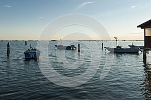 SCARDOVARI, ITALY, 2016-08-06: Fishing huts at Scardovari lagoon, italy