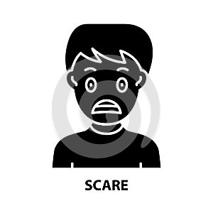 scare icon, black vector sign with editable strokes, concept illustration