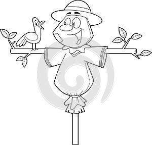 Outlined Cute Scarecrow Cartoon Character With Crow Bird