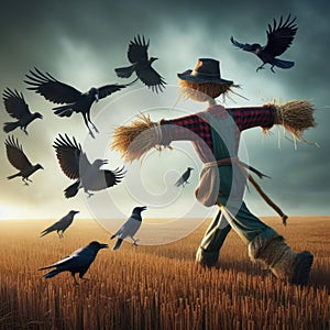 The scarecrow chases the crows away from the field.