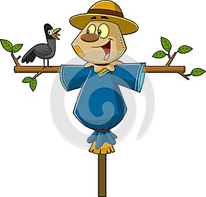 Cute Scarecrow Cartoon Character With Crow Bird