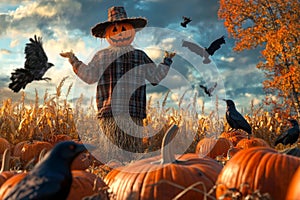 Scarecrow with Jack-o'-lantern Head in a Pumpkin Patch