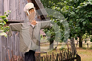 A scarecrow in old clothes, a fragment of a hut and a tree in the background