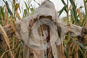 scarecrow with patched overcoat amid tall stalks of maize