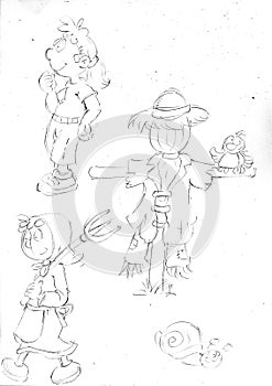 Scarecrow with a peasant and child ,sketches and pencil sketches and doodles
