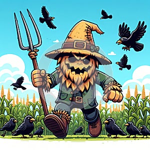 A scarecrow with a pitchfork chases away the crows.