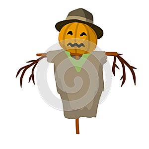Scarecrow with a pumpkin head. Funny bogeyman with hat