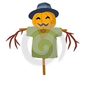 Scarecrow with a pumpkin head. Funny bogeyman with hat.
