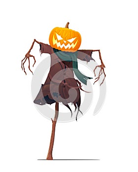 Scarecrow with a pumpkin head isolated on white. Vector illustration.