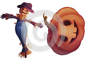 Scarecrow and pumpkin head, Watercolor Halloween illustration with texture, isolated clipart on white background, autumn