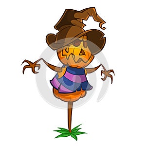 Scarecrow with pumpkin head in a witch hat. Cartoon style. Vector isolated