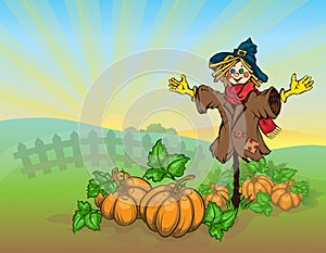 Scarecrow and pumpkins.