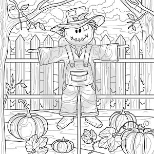 Scarecrow and pumpkins in the garden.Coloring book antistress for children and adults. photo