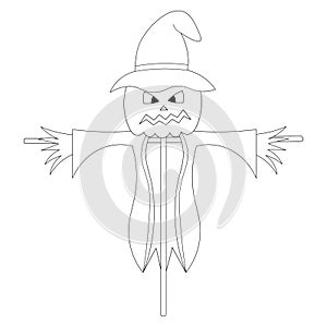 Scarecrow. Sketch. Ominous grimace. Halloween symbol. Scarecrow in rags and a hat. Vector illustration. Coloring book.