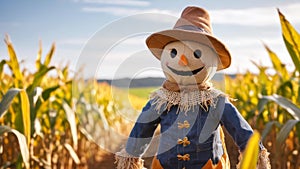 A scarecrow smiling in the middle of the cornfield photo