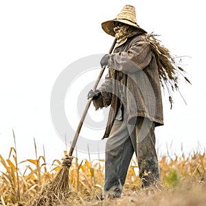 Scarecrow in a field during autumn harvest season isolated on white background photo