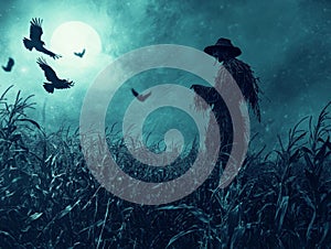 A Scarecrow Stands in a Cornfield Under a Full Moon