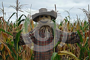 A scarecrow stands tall in a field of cornstalks, A scarecrow standing guard in a field of cornstalks photo