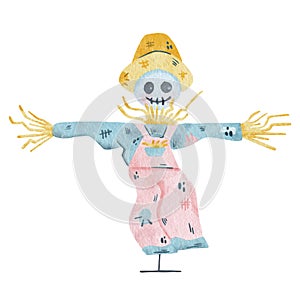 Scarecrow watercolor illustration isolated on white background. Halloween scarecrow