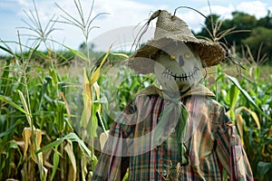 A scarecrow wearing a scarecrow hat stands guard in a field of cornstalks, A scarecrow standing guard in a field of cornstalks photo