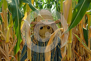 A scarecrow wearing a straw hat stands in a corn field, A scarecrow standing guard in a field of golden cornstalks photo