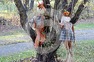 Scarecrows near a tree