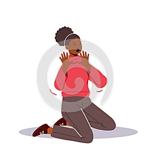 Scared African Woman Sitting on Floor Afraid and Protecting from Something. Fear, Mental Disorder Concept, Illness