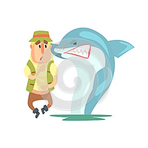 Scared Amateur Fisherman In Khaki Clothes Meeting A Shark Cartoon Vector Character And His Hobby Illustration