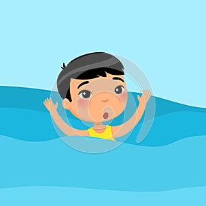 Scared asian little boy swimming flat vector illustration. Child sinking, waving hands and calling for help in sea. Danger on wate