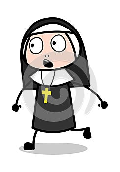 Scared Away - Cartoon Nun Lady Vector Illustration