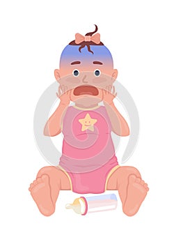 Scared baby girl with bottle semi flat color vector character