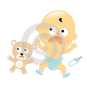 Scared baby and teddy bear