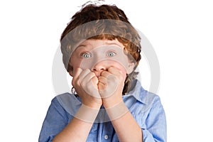 Scared Boy. Isolated on white background