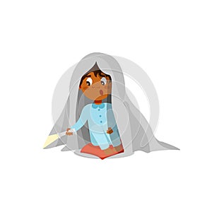 Scared boy sitting on the bed with flashlight and hiding under the blanket vector Illustration on a white background