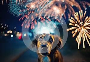 A scared brown dog looks up vivid fireworks in the night sky, portraying the common anxiety pets feel during loud celebrations