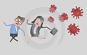 Scared business couple runs because behind come some very contagious viruses covid-19. Isolated. 3d illustration.