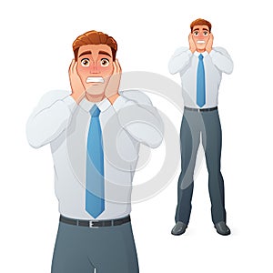 Scared businessman holding his head in panic. Isolated vector illustration.