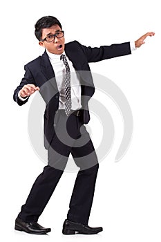 Scared businessman walking on invisible.