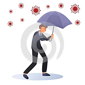 Scared bussinessman under umbrella protection around viruses.