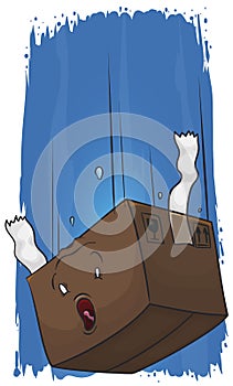 Scared Cardboard Box with Frail Content Falling Into the Void, Vector Illustration