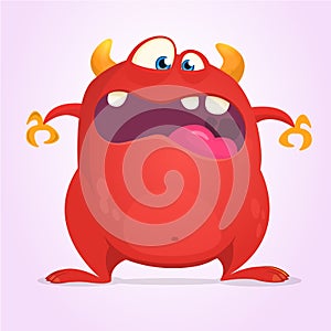 Scared cartoon horned monster. Halloween vector illustration of red monster character.