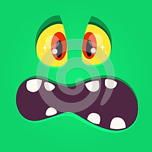 Scared cartoon monster face yelling. Vector Halloween green monster with big mouth.