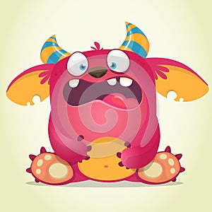 Scared cartoon pink monster. Vector character illustration. Gremlin or troll character.