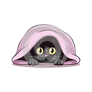 Scared Cat Hiding Under Blanket - Flat Vector Illustration with Scared, Fearful, Pet, Kitten, Cartoon