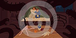 Scared children sit on bed under blanket with flashlight vector flat illustration. Little girls afraid shadow of